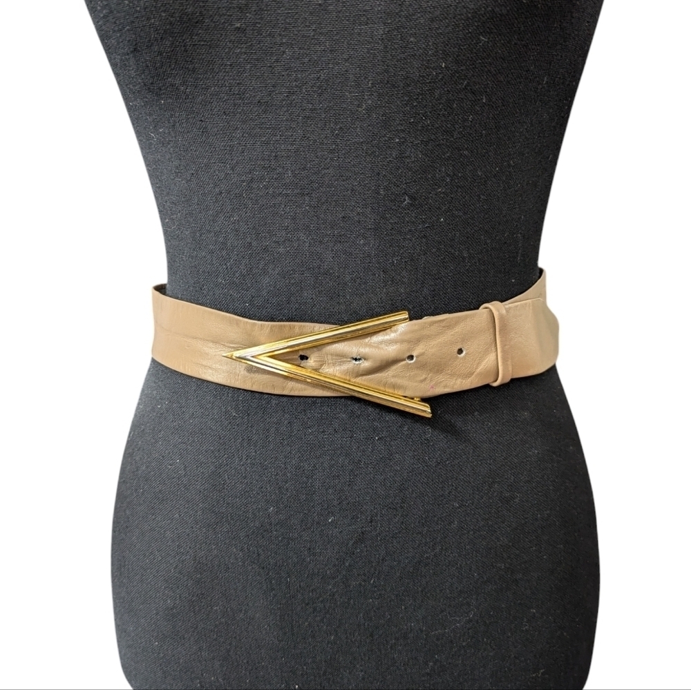 Vintage 80s Leather Belt Gold Geometric Triangle Buckle Small